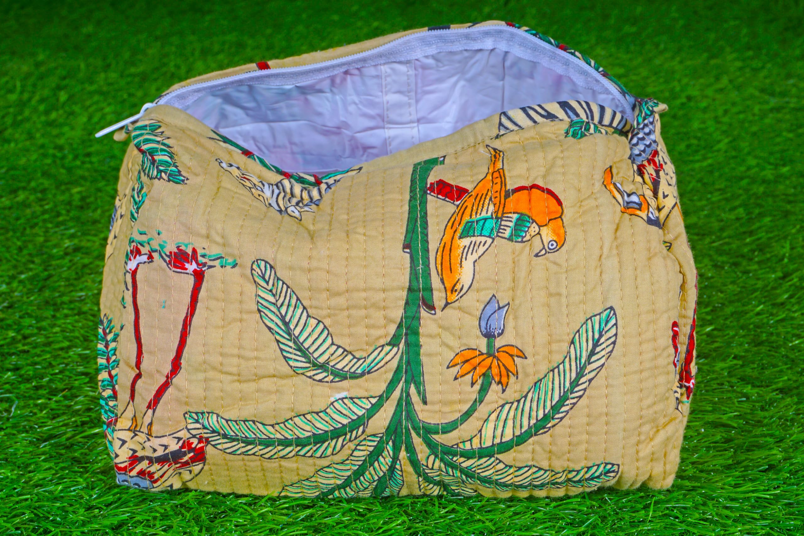 Indian Handmade Cotton Quilted Floral Toiletry Cosmetic Makeup Bag Blue A