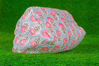 Indian Handmade Cotton Quilted Floral Toiletry Cosmetic Makeup Bag Blue A
